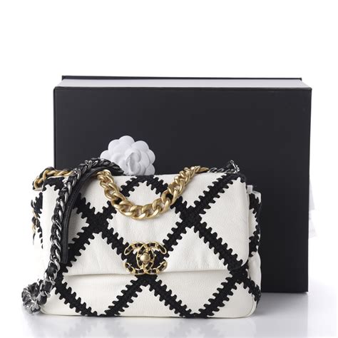 Chanel Black White Calfskin Crochet Medium 19 Flap Bag